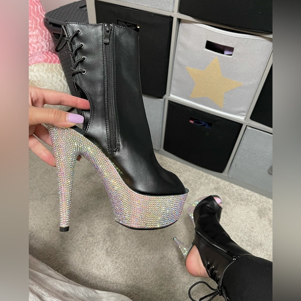 Stripper Dancewear Bling Rhinestone Platform Ankle Boots- Black
